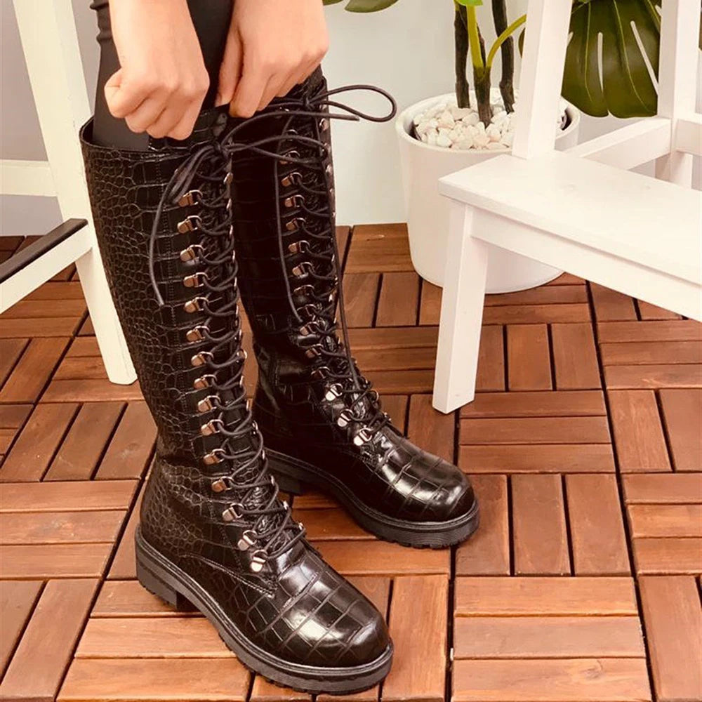 Black Lace up Boots Knee High Thick Heels Boots Crocodile Shoes  Low Heels