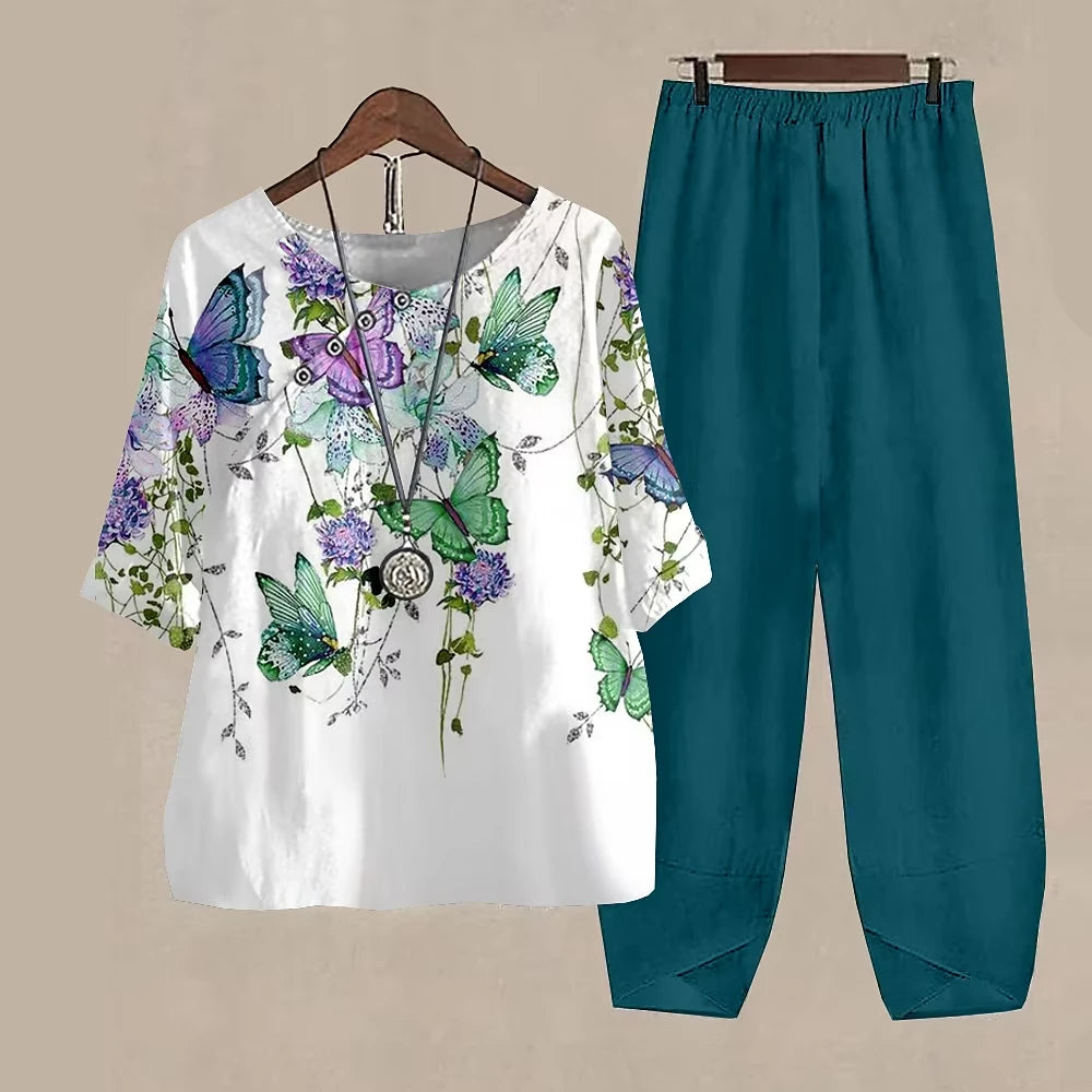 Ladies Elegant Vintage Suit Butterfly Print Two Piece Set Casual Female Loose Outfits O Neck Short Sleeve Shirt With Pants