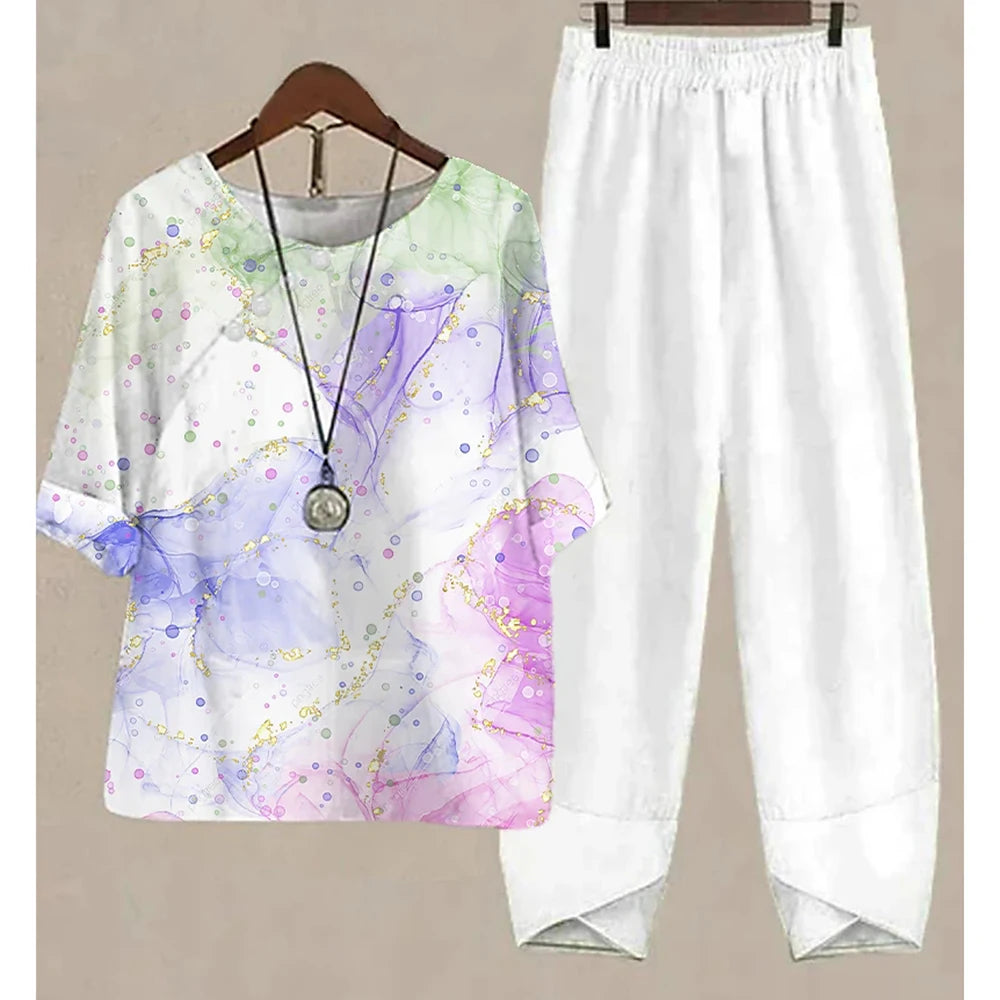 Ladies Elegant Vintage Suit Butterfly Print Two Piece Set Casual Female Loose Outfits O Neck Short Sleeve Shirt With Pants