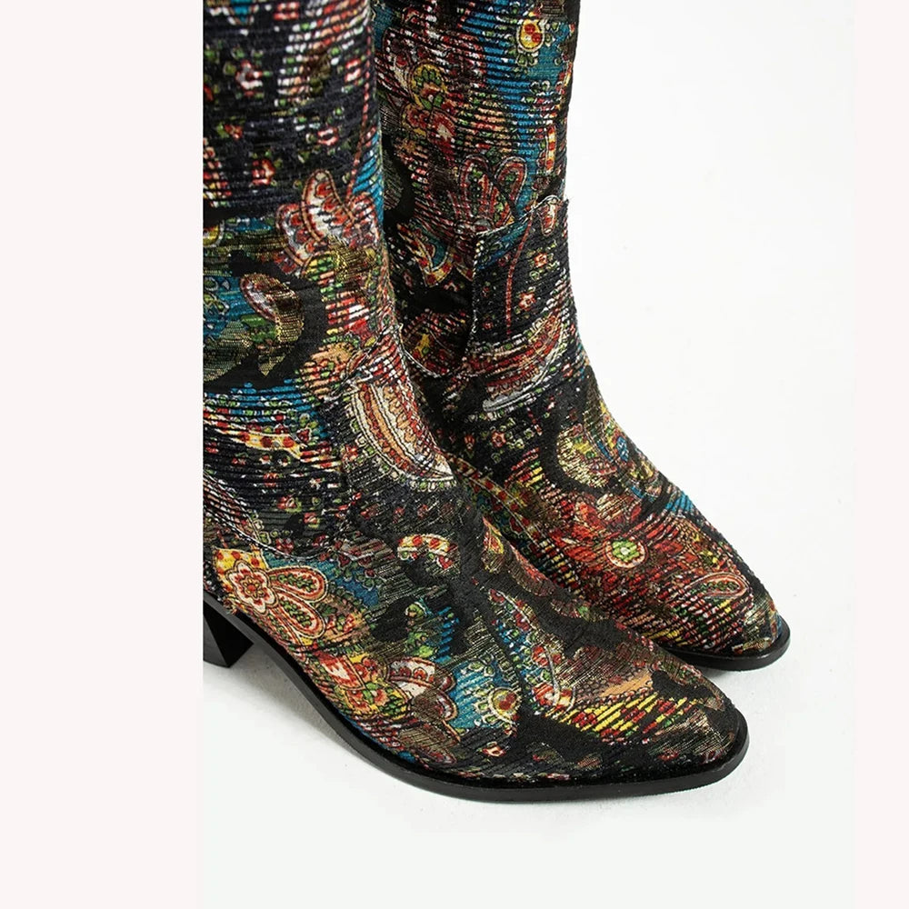 Colorful Cowboy Boots  Knee High Low Heel Boots