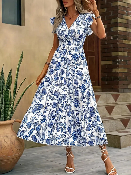 Fashion Floral Dress Casual V-neck Sleeveless Ruffles Tighten The Waist Slimming Elegant Bohemian Floral Women's Dress
