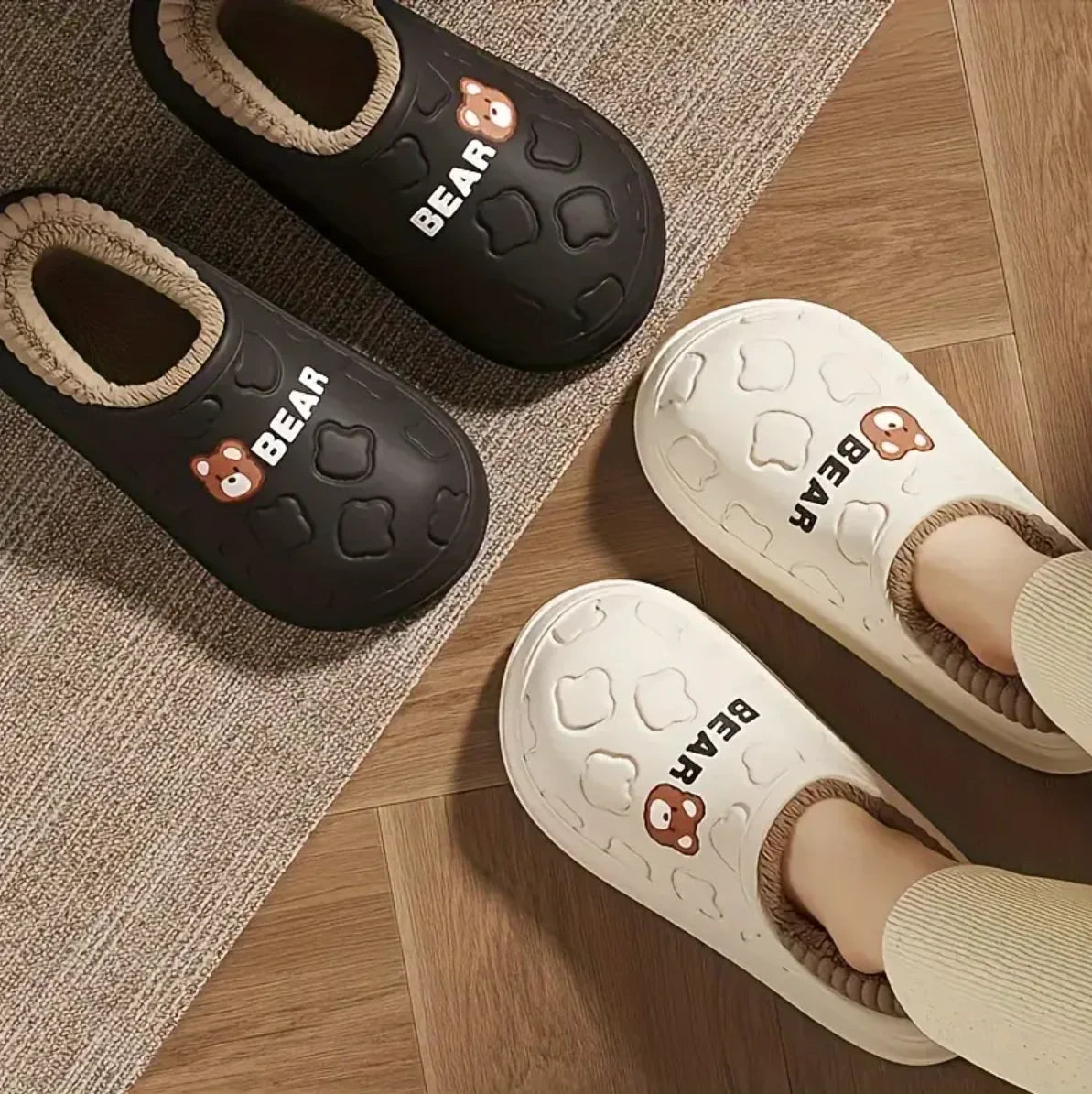 Cute Bear Waterproof Slippers, Cozy & Warm Plush Lined Slip On Shoes, Winter Indoor & Outdoor Slippers