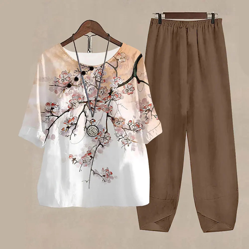 Ladies Elegant Vintage Suit Butterfly Print Two Piece Set Casual Female Loose Outfits O Neck Short Sleeve Shirt With Pants