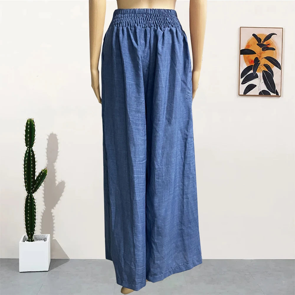 High Waist Solid Color Wide Leg Pants Summer Chic Loose Elegant Metal Flared Pant Office Straight Women Trousers