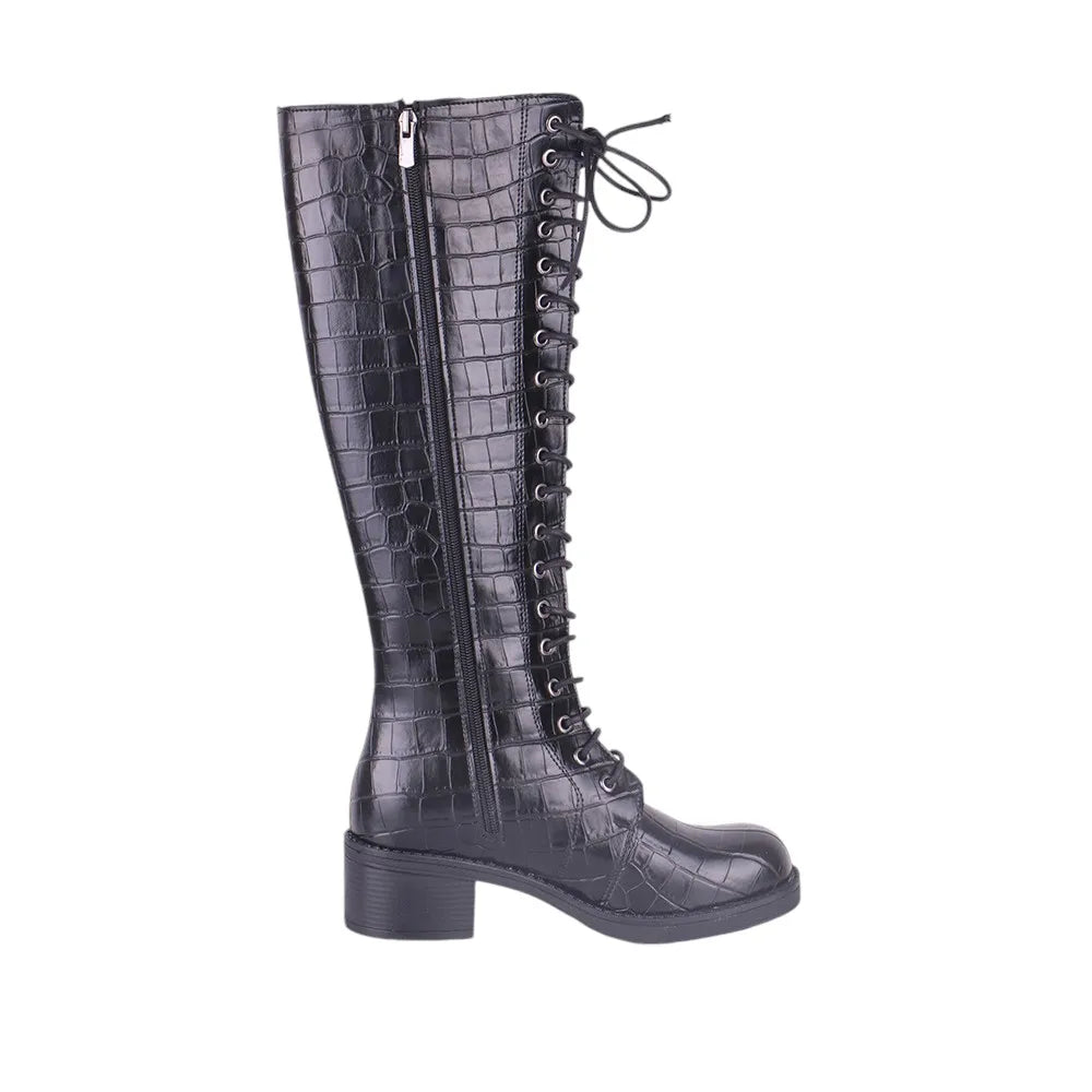 Black Lace up Boots Knee High Thick Heels Boots Crocodile Shoes  Low Heels