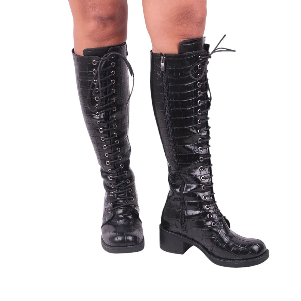 Black Lace up Boots Knee High Thick Heels Boots Crocodile Shoes  Low Heels