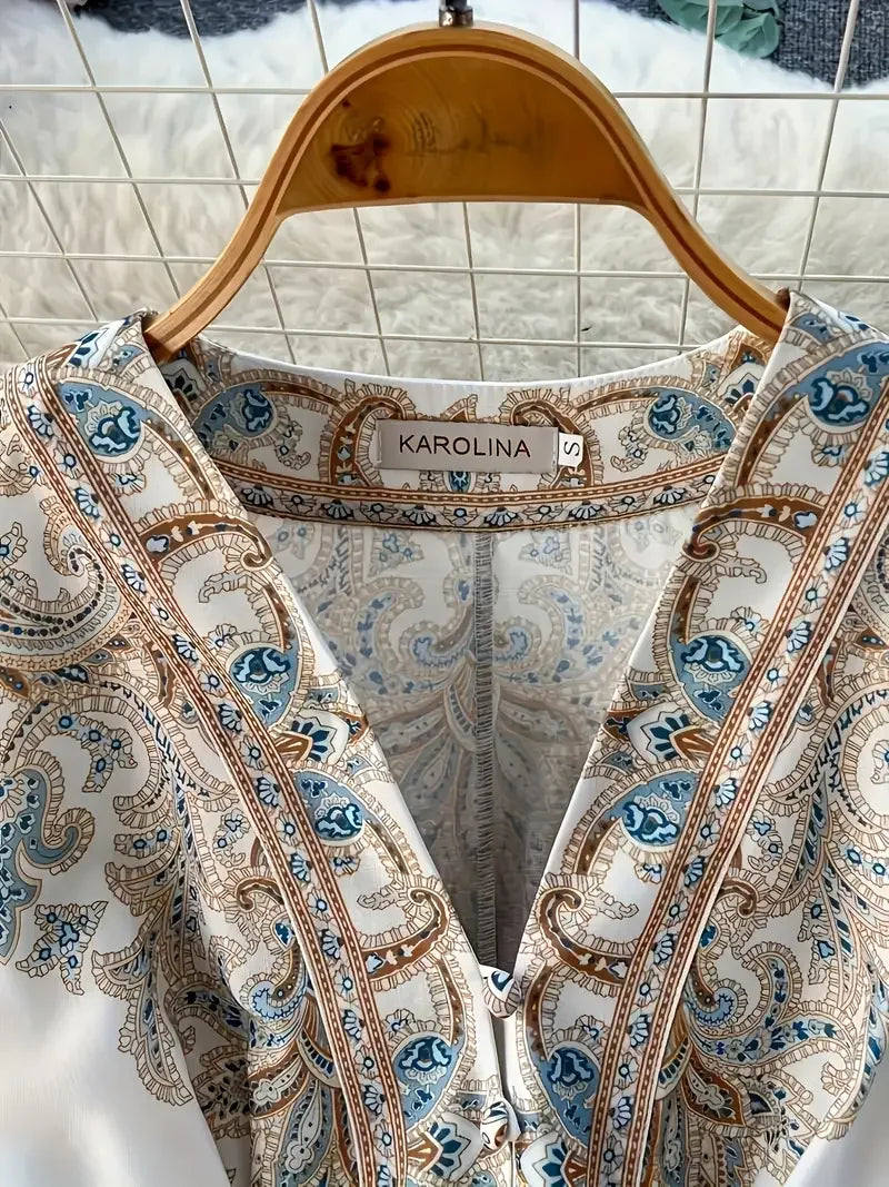 Women's Bohemian Dress - Vintage V-Neck Ruffled Maxi Dress with Belt, Floral Print, Lantern Sleeves & Button Down, Casual Short