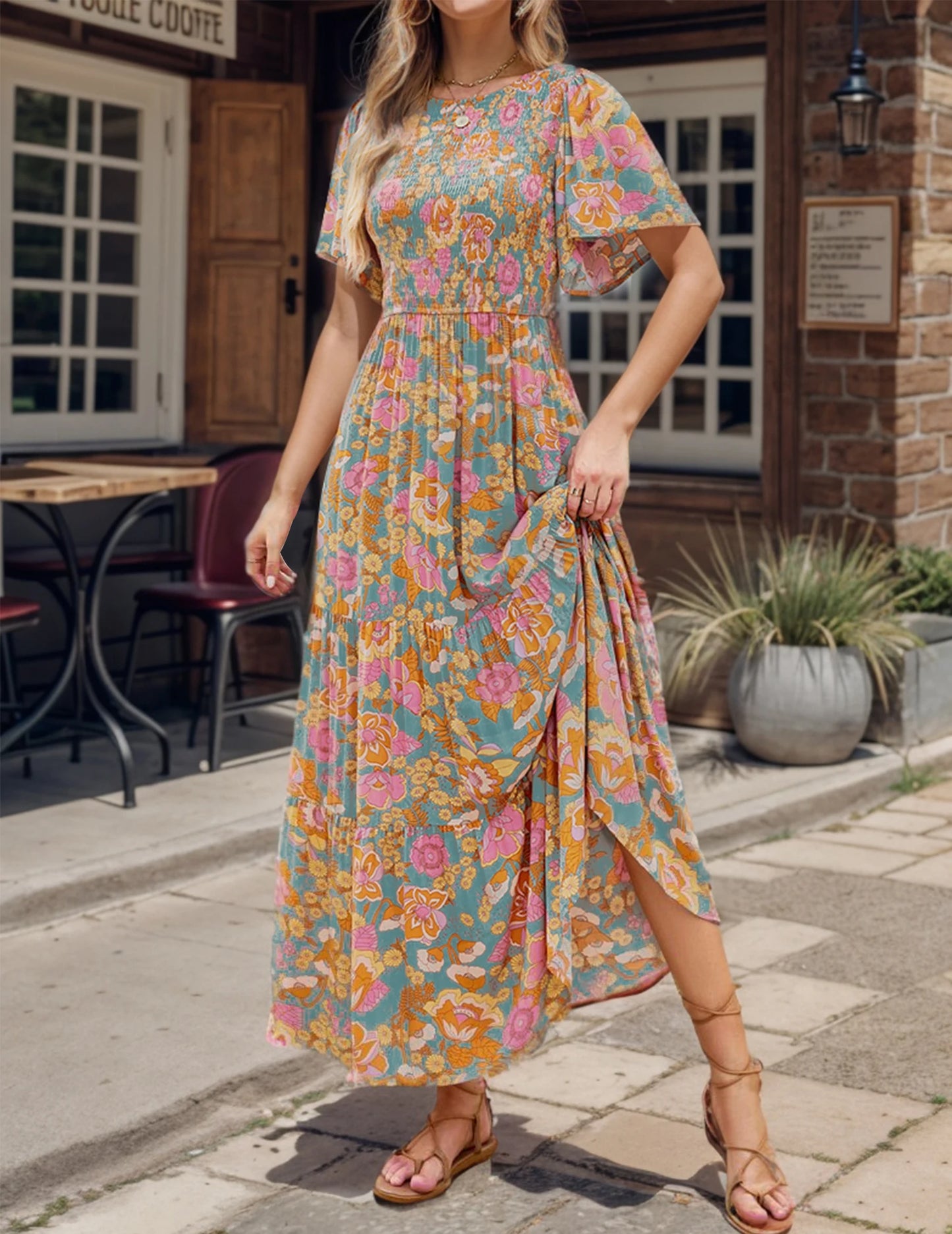 Casual Pastoral Style Floral Print Dress Long, Crewneck Short Sleeves High Waist Wide Ruffle Hem
