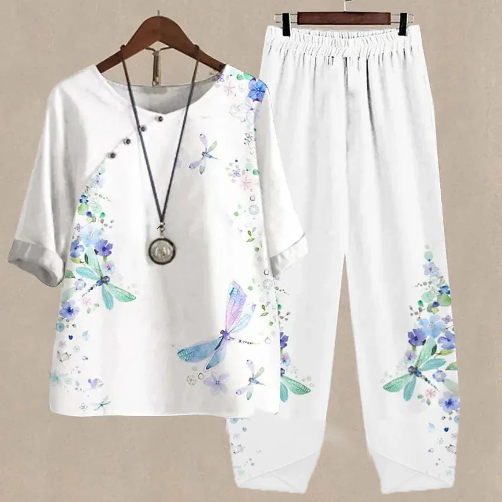 Ladies Elegant Vintage Suit Butterfly Print Two Piece Set Casual Female Loose Outfits O Neck Short Sleeve Shirt With Pants