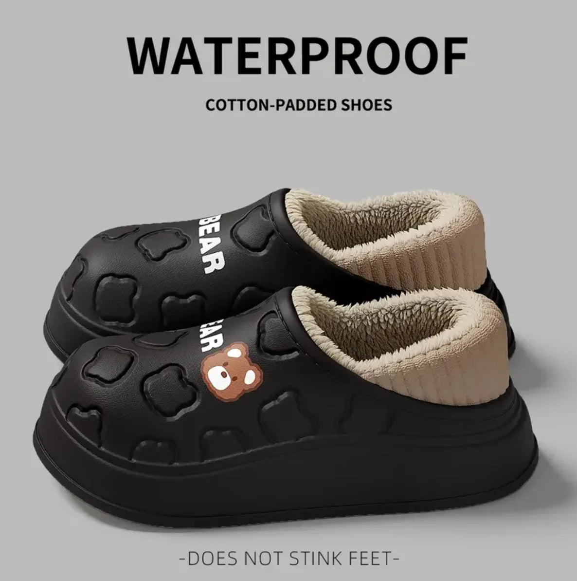 Cute Bear Waterproof Slippers, Cozy & Warm Plush Lined Slip On Shoes, Winter Indoor & Outdoor Slippers