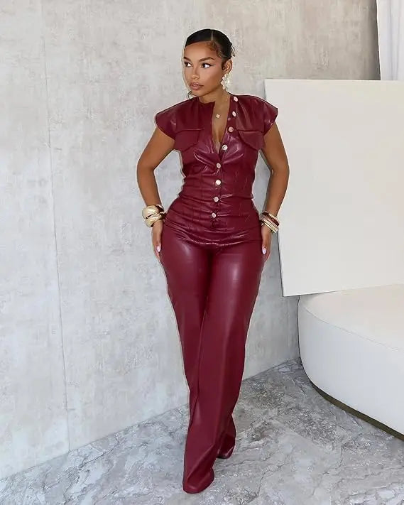 Women's Slim Fit Jumpsuit - Short Sleeve Sexy Button Front with Pockets, Casual Streetwear Outfit