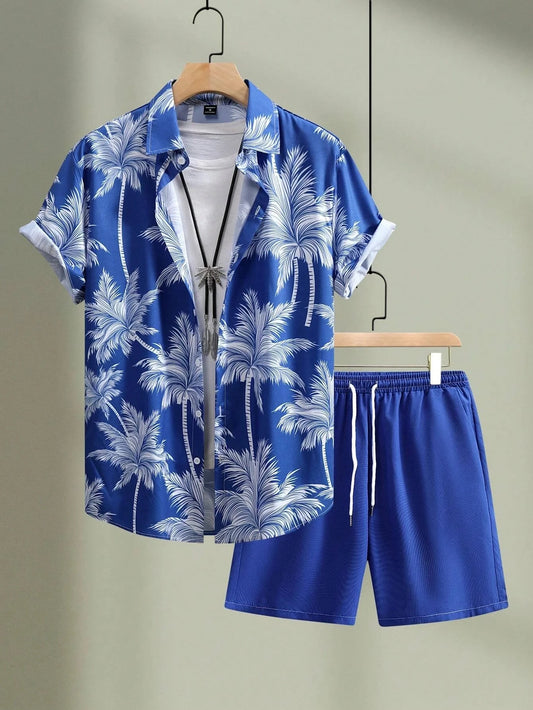 Men Sets Print Patchwork Lapel Short Sleeve Casual Shirt Beach Shorts Summer Streetwear Vacation Hawaiian Suits Men S-5XL