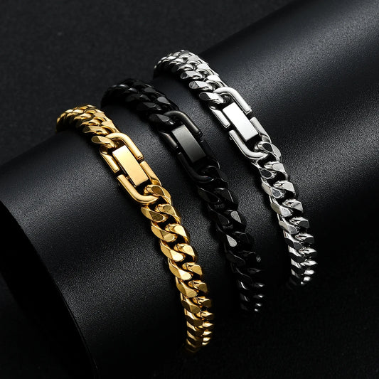 Width 8MM 316L Titanium Steel Golden Black Cuban Chain Bracelet Fashion Hip Hop Men's Jewelry Party Gift