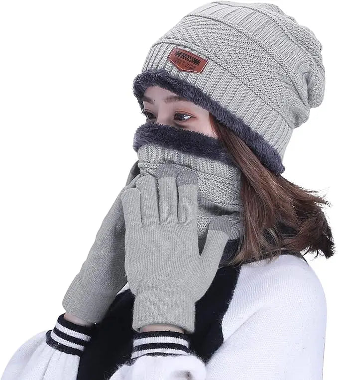 Winter Hat Scarf Gloves Slouchy Beanie Knit Skull Cap Touch Screen Mittens Circle Scarves for Women