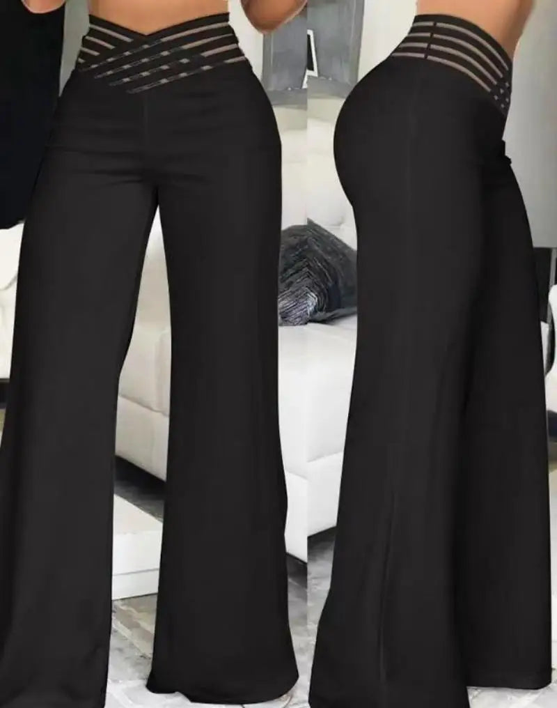High Waist Solid Color Wide Leg Pants Summer Chic Loose Elegant Metal Flared Pant Office Straight Women Trousers