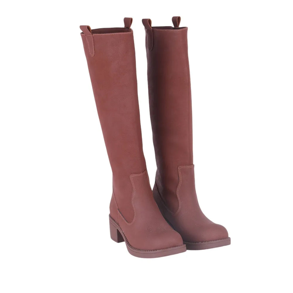 Round Toe Boots  Knee High Block Heel Boots Square Toe Slip On Fashion