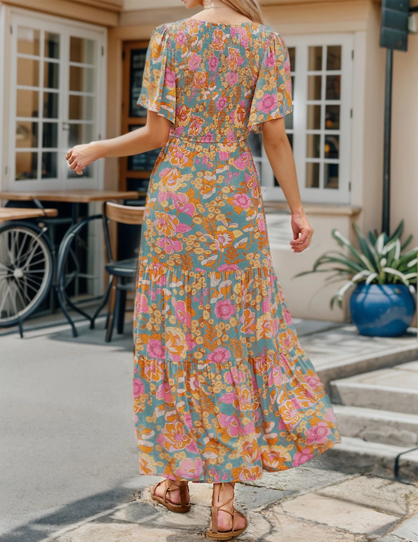 Casual Pastoral Style Floral Print Dress Long, Crewneck Short Sleeves High Waist Wide Ruffle Hem