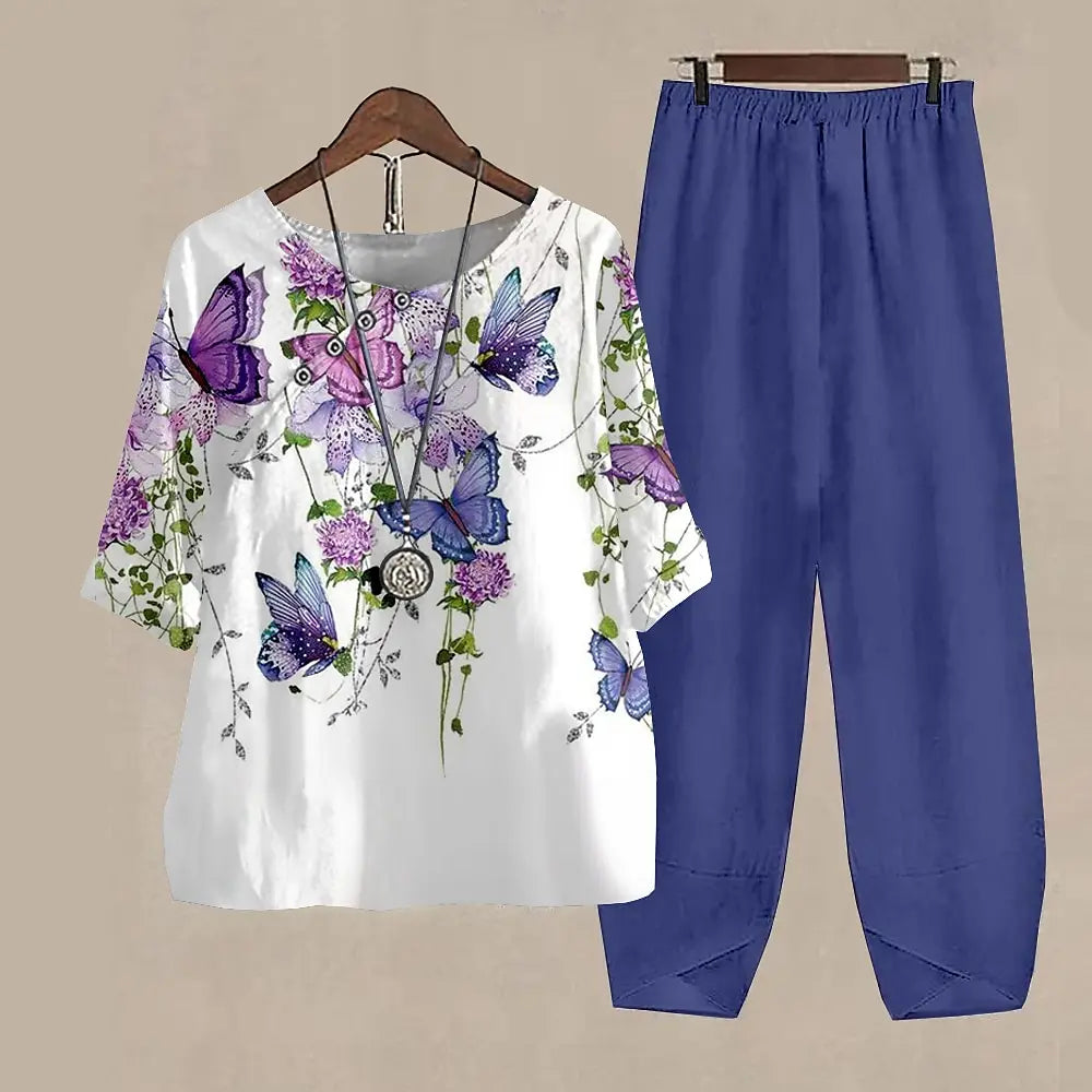 Ladies Elegant Vintage Suit Butterfly Print Two Piece Set Casual Female Loose Outfits O Neck Short Sleeve Shirt With Pants