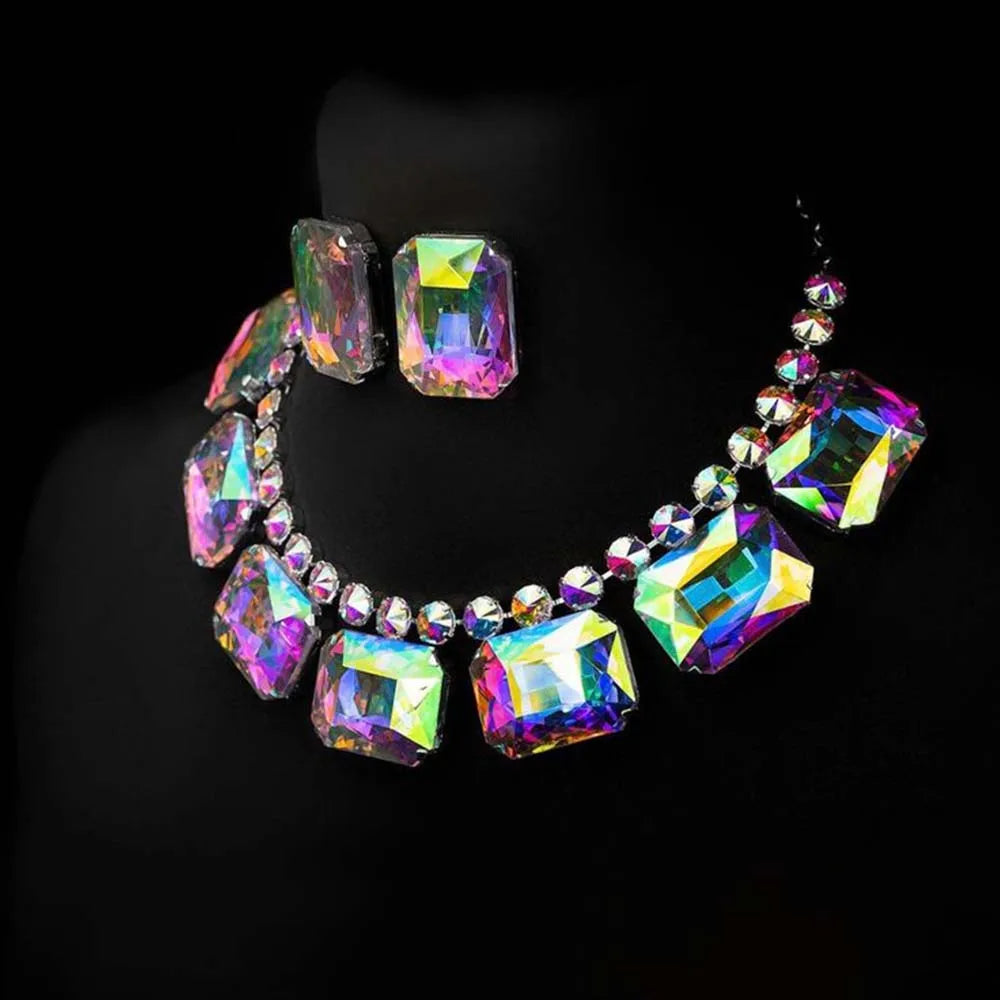 Dramatic Brightly Colored Crystal Necklace Earring Set  Extra Large Crystal