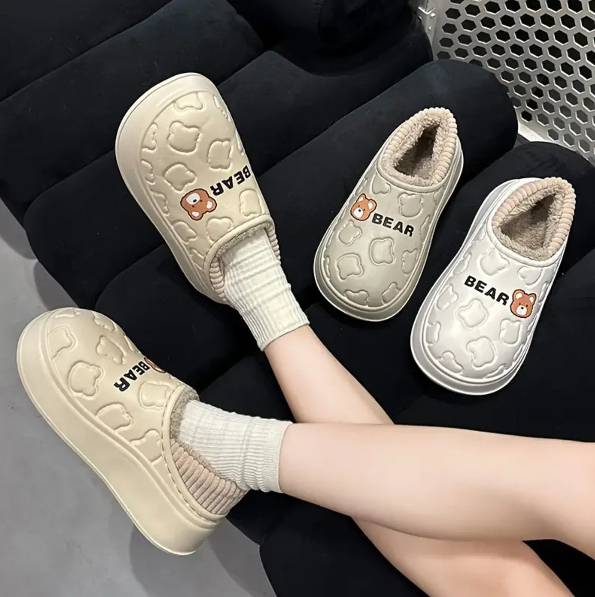 Cute Bear Waterproof Slippers, Cozy & Warm Plush Lined Slip On Shoes, Winter Indoor & Outdoor Slippers