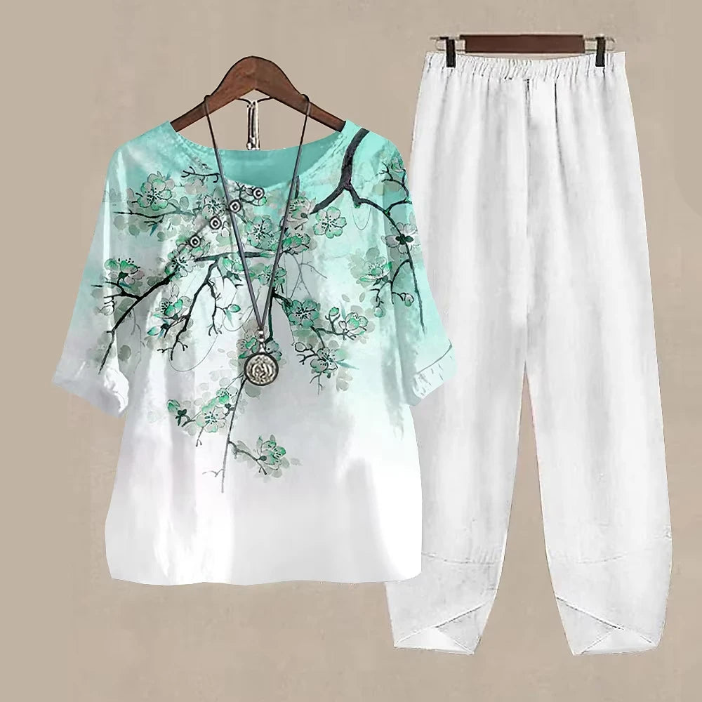 Ladies Elegant Vintage Suit Butterfly Print Two Piece Set Casual Female Loose Outfits O Neck Short Sleeve Shirt With Pants