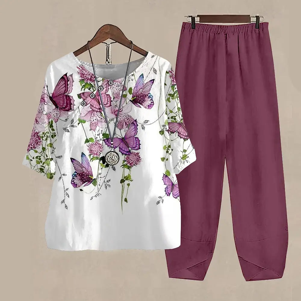 Ladies Elegant Vintage Suit Butterfly Print Two Piece Set Casual Female Loose Outfits O Neck Short Sleeve Shirt With Pants