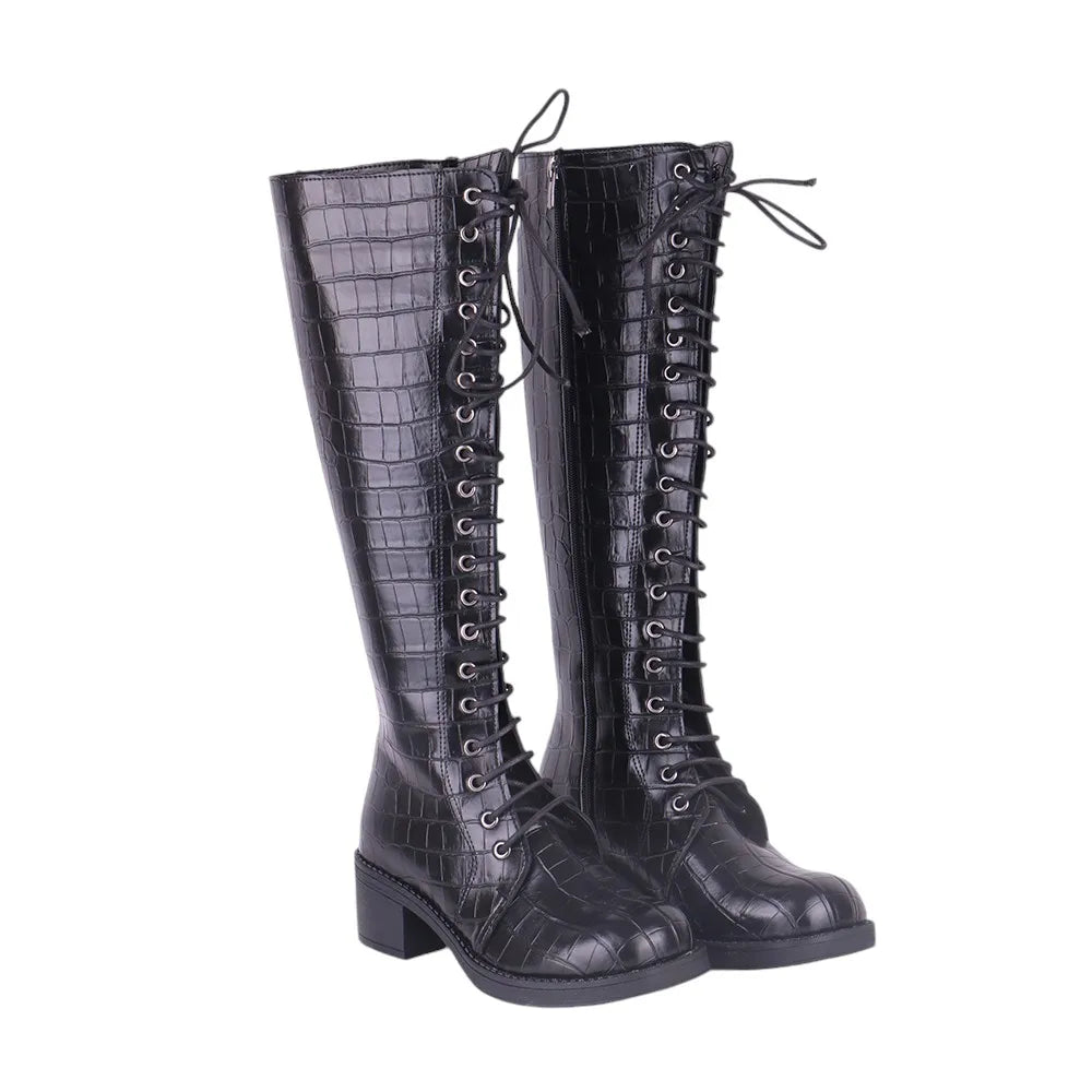 Black Lace up Boots Knee High Thick Heels Boots Crocodile Shoes  Low Heels