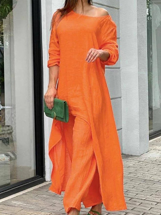 Plus Size Cotton Linen 2 Piece Set for Women Irregular Hem Wide Leg Pant Outfits Casual Dressy Loose Two Piece Matching Sets
