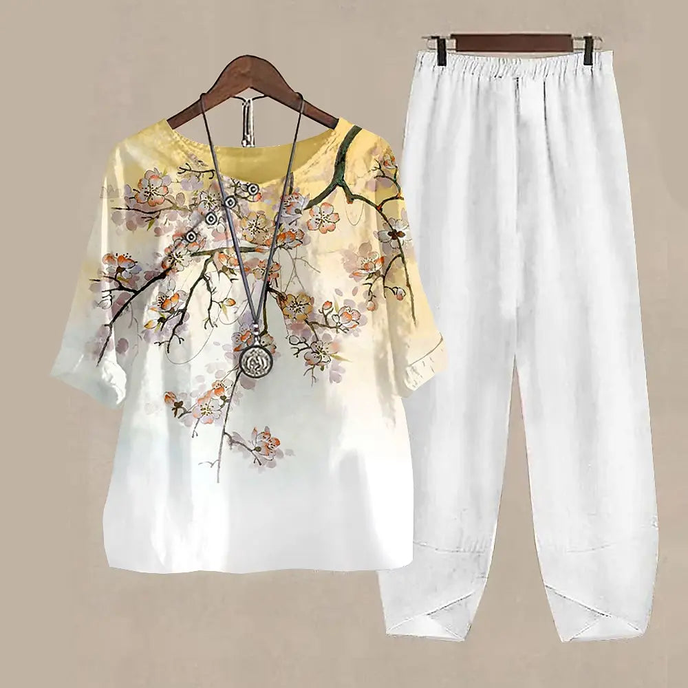Ladies Elegant Vintage Suit Butterfly Print Two Piece Set Casual Female Loose Outfits O Neck Short Sleeve Shirt With Pants
