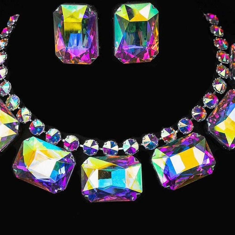 Dramatic Brightly Colored Crystal Necklace Earring Set  Extra Large Crystal