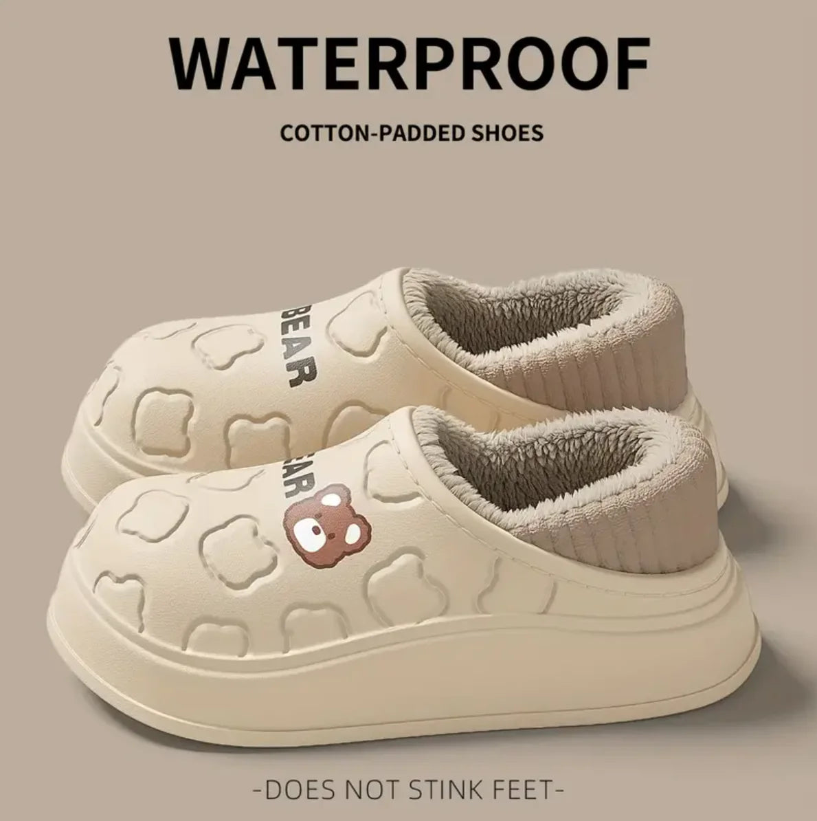 Cute Bear Waterproof Slippers, Cozy & Warm Plush Lined Slip On Shoes, Winter Indoor & Outdoor Slippers