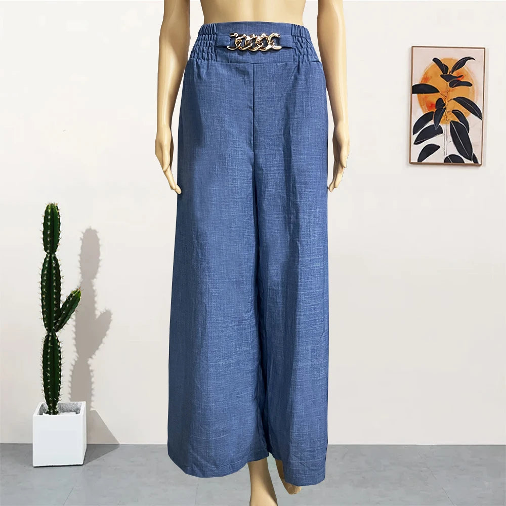 High Waist Solid Color Wide Leg Pants Summer Chic Loose Elegant Metal Flared Pant Office Straight Women Trousers