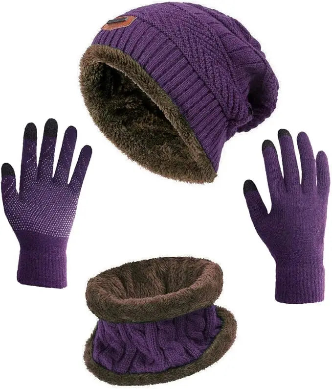 Winter Hat Scarf Gloves Slouchy Beanie Knit Skull Cap Touch Screen Mittens Circle Scarves for Women