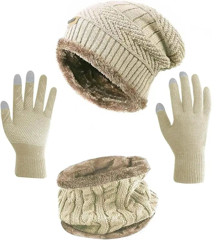 Winter Hat Scarf Gloves Slouchy Beanie Knit Skull Cap Touch Screen Mittens Circle Scarves for Women