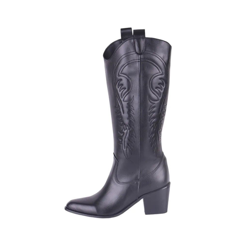 Chunky Heels Trendy Cowboy Mid Calf Boots Casual Shoes Cowgirls Western Boots Embroidery