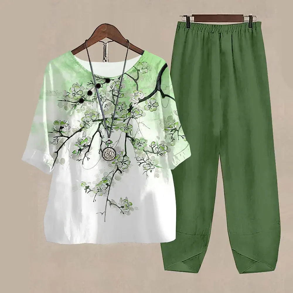 Ladies Elegant Vintage Suit Butterfly Print Two Piece Set Casual Female Loose Outfits O Neck Short Sleeve Shirt With Pants