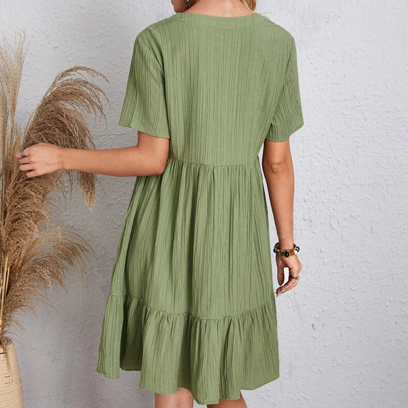 Summer Solid Dress Women's Casual Bohemian V Neck Short Sleeve Ruffles Loose A Line Mini Dress Elegant Beach Party