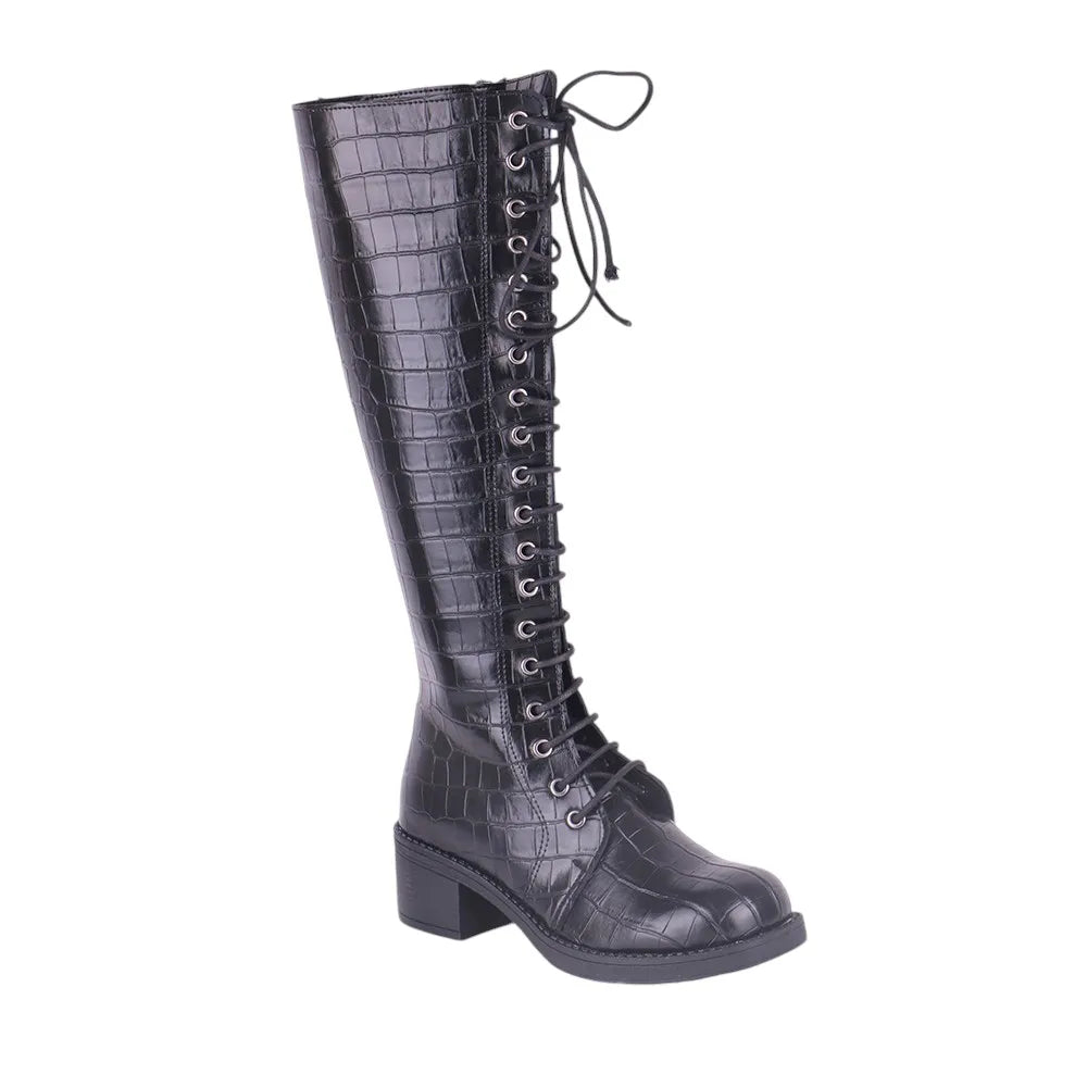 Black Lace up Boots Knee High Thick Heels Boots Crocodile Shoes  Low Heels