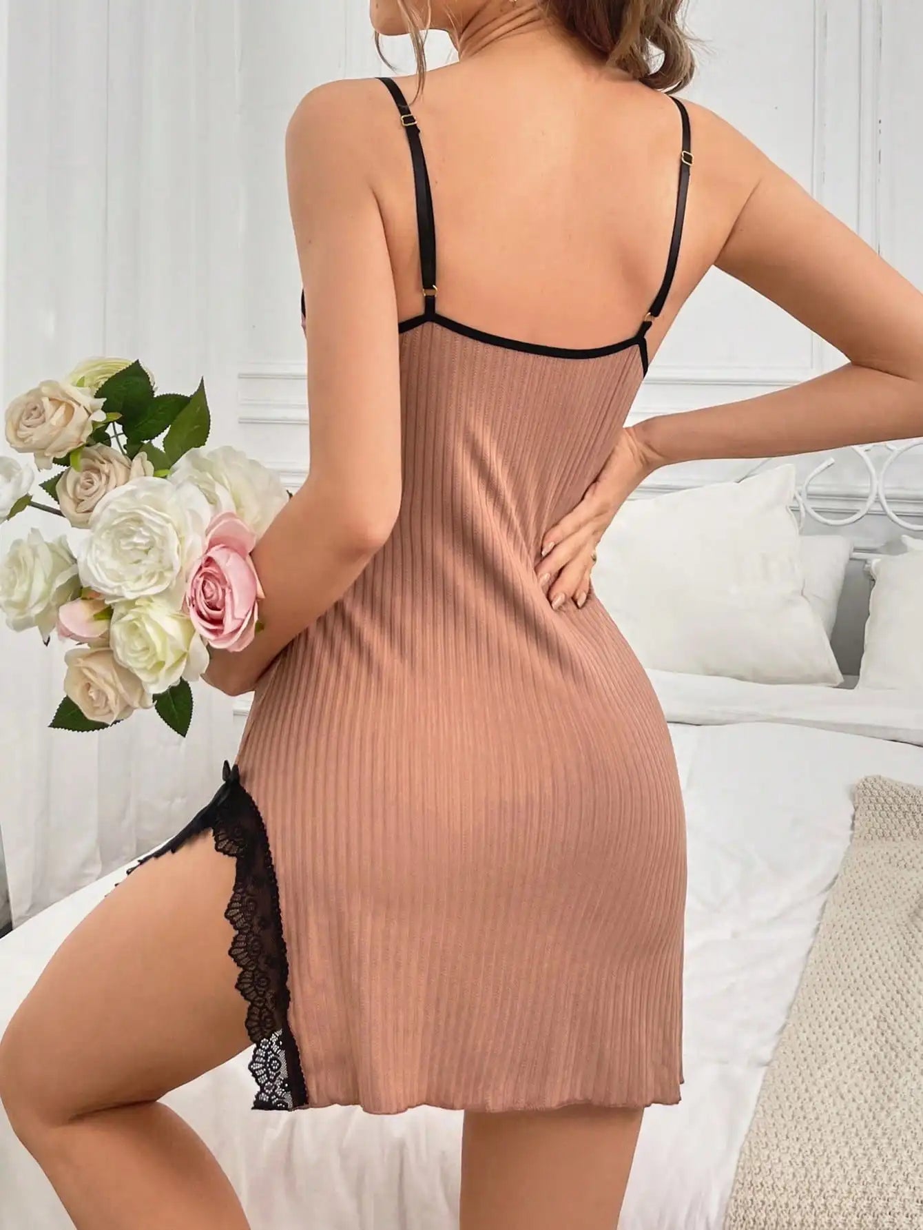 Lace Satin Nightgown, High Stretchy Fabric V-Neck Sleepwear, Sleeveless Lingerie Chemise With Adjustable Straps