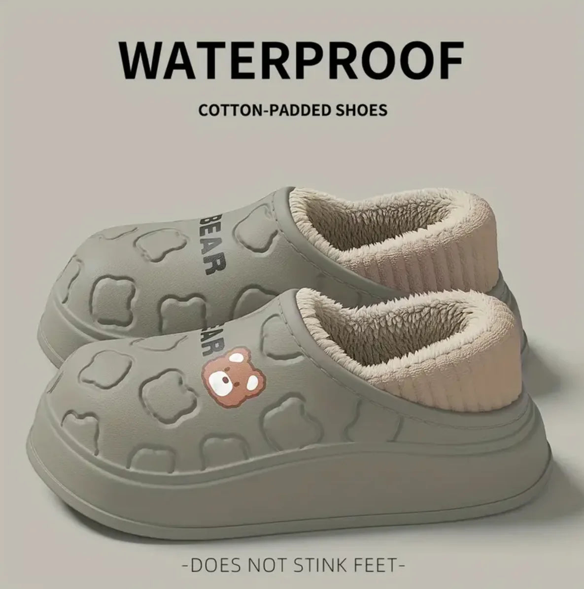 Cute Bear Waterproof Slippers, Cozy & Warm Plush Lined Slip On Shoes, Winter Indoor & Outdoor Slippers