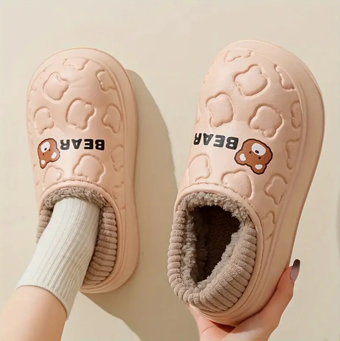 Cute Bear Waterproof Slippers, Cozy & Warm Plush Lined Slip On Shoes, Winter Indoor & Outdoor Slippers
