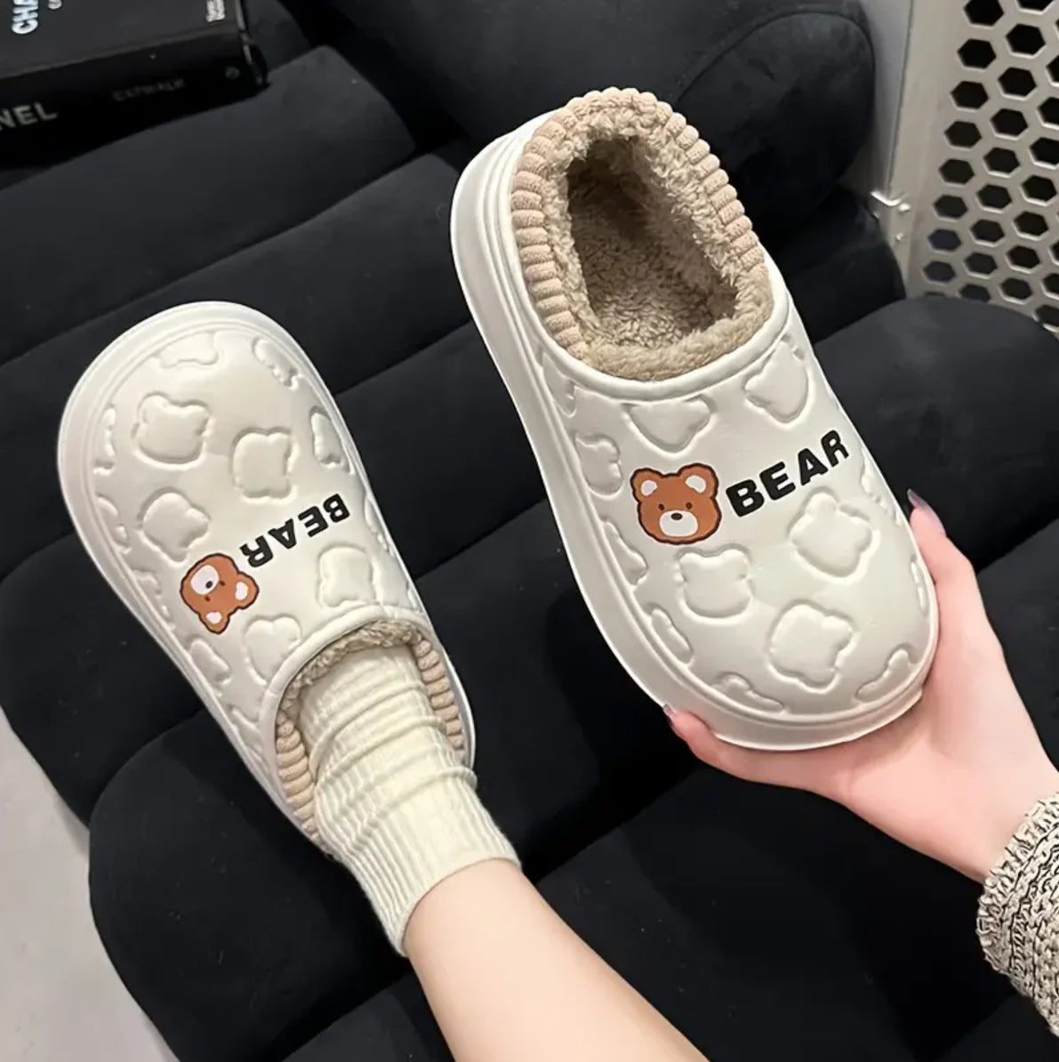 Cute Bear Waterproof Slippers, Cozy & Warm Plush Lined Slip On Shoes, Winter Indoor & Outdoor Slippers