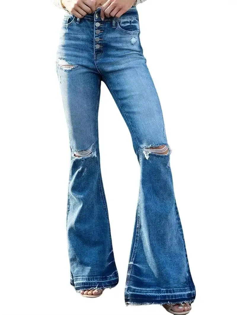 Medium Blue Bell Bottom Denim Pants Casual Summer Streetwear Comfortable Minimalist Design with Pockets