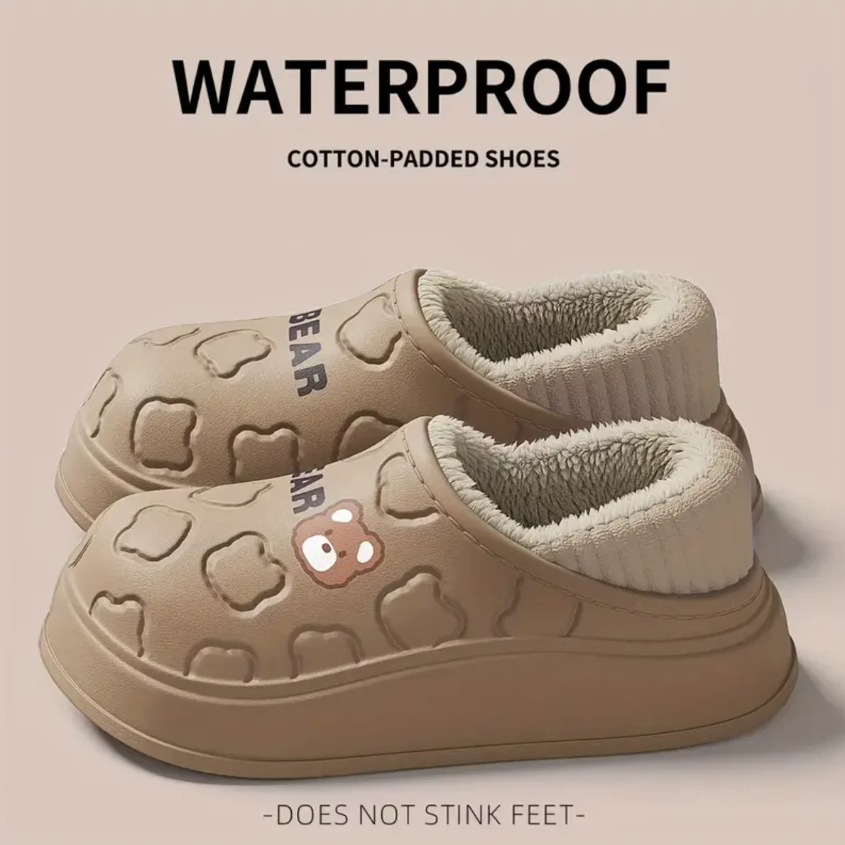 Cute Bear Waterproof Slippers, Cozy & Warm Plush Lined Slip On Shoes, Winter Indoor & Outdoor Slippers