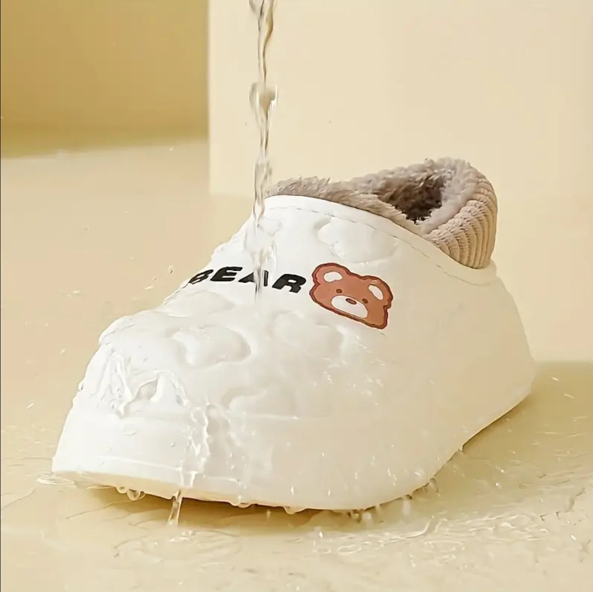 Cute Bear Waterproof Slippers, Cozy & Warm Plush Lined Slip On Shoes, Winter Indoor & Outdoor Slippers