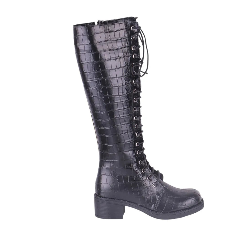 Black Lace up Boots Knee High Thick Heels Boots Crocodile Shoes  Low Heels