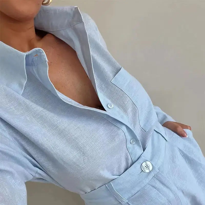 Long Sleeve 2 Pieces Sets Casual Simple Button Pockets Short Pant with Shirts Tops Summer Fashion Suit Female Outfits