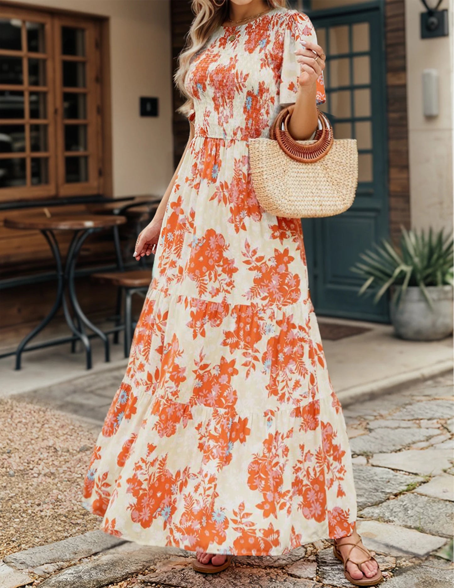 Casual Pastoral Style Floral Print Dress Long, Crewneck Short Sleeves High Waist Wide Ruffle Hem