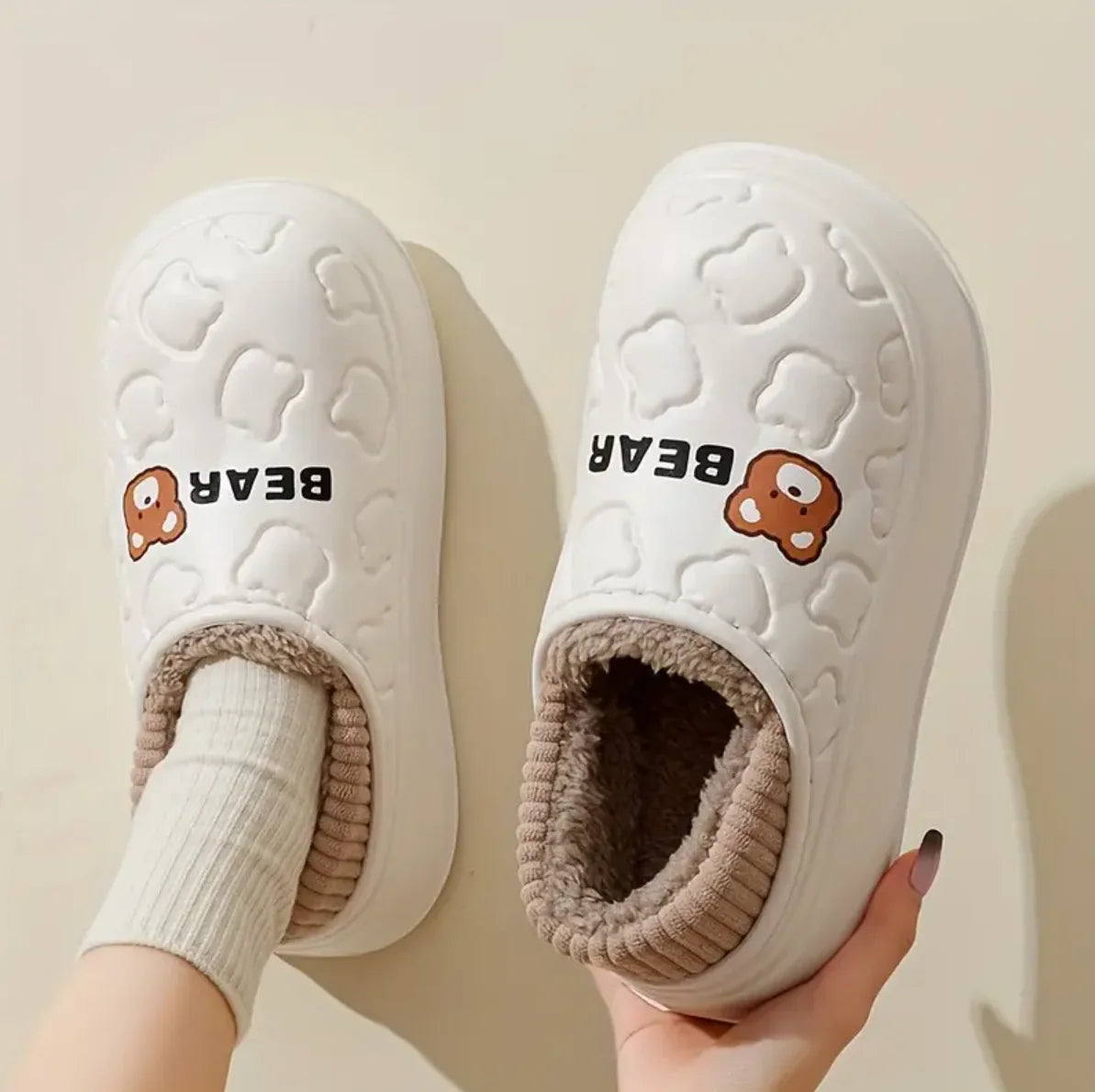 Cute Bear Waterproof Slippers, Cozy & Warm Plush Lined Slip On Shoes, Winter Indoor & Outdoor Slippers