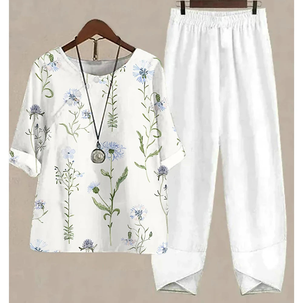 Ladies Elegant Vintage Suit Butterfly Print Two Piece Set Casual Female Loose Outfits O Neck Short Sleeve Shirt With Pants